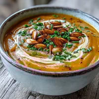 Creamy Pumpkin Soup with a drizzle of heavy cream and fresh parsley garnish served in a rustic bowl.
