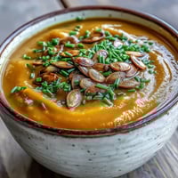 Creamy Acorn Squash Soup in a rustic bowl, topped with toasted pumpkin seeds, chives, and a drizzle of cream, served beside crusty bread.