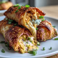 Golden, crunchy Buffalo Chicken Dip Egg Rolls on a plate with a creamy dip drizzle.