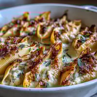 Golden, bubbly Pumpkin & Gouda Stuffed Shells in a creamy brown butter sage Alfredo sauce, served ready to eat.