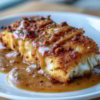 Crispy fried catfish fillets with golden cornmeal crust, served with tangy remoulade sauce on a Southern platter.