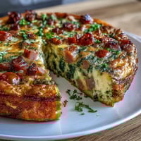 A golden One-Pan Ham and Swiss Frittata with melted Swiss cheese, tender spinach, and juicy tomatoes.