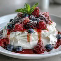 A delicate pavlova with fresh berries and cream, featuring a crisp meringue shell and fluffy whipped topping.