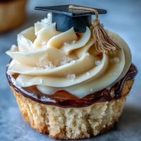 Festive graduation cupcakes topped with sweet buttercream frosting and black gold caps.