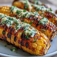 Tender grilled corn with smoky char, served alongside four vibrant herbed butters.