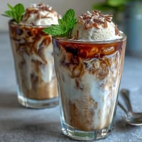 Creamy coconut cold brew float topped with vanilla bean ice cream and toasted coconut flakes in tall glasses.