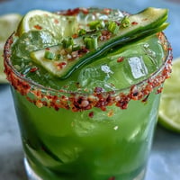 Viral Pickle Margarita Mocktail glistening with spicy jalapeño rim and lime wedge garnish.