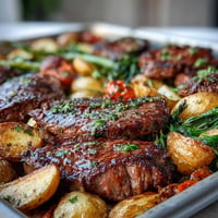 Father's Day Steak and Potato Sheet Pan Dinner: Juicy steaks, crispy potatoes, roasted in oven.